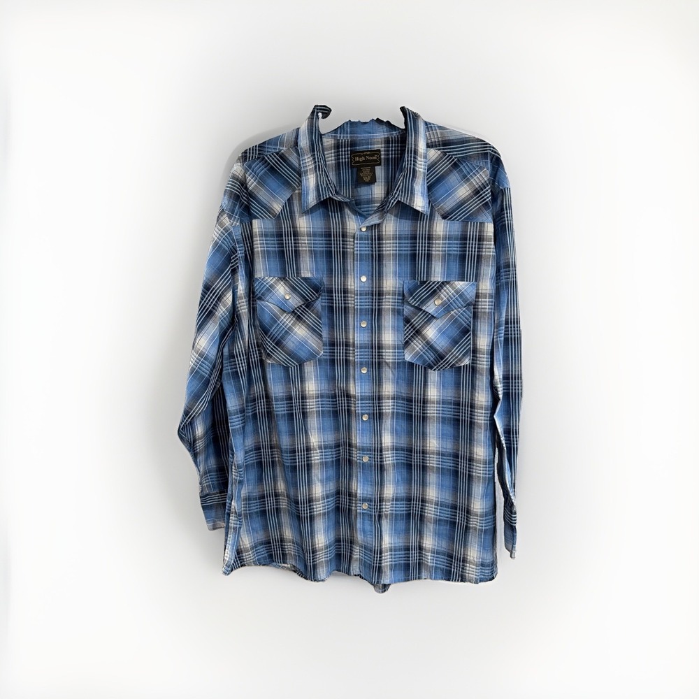 High Noon Mens 3XL Western Shirt Blue Plaid Pearl Snap Cowboy Long Sleeve W224